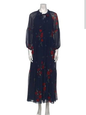 Silk Joie Navy Maxi Dress with Red Floral Print